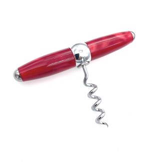 A corkscrew made of polished chrome with a cross handle pull of turned acrylic in a cherry red mottled color.