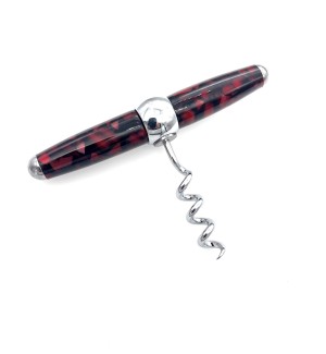 A corkscrew made of polished chrome with a cross handle pull of turned acrylic in a deep red and black mottled color.