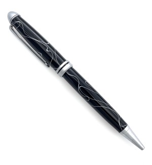 A pen with brushed chrome hardware and a black body with white striations throughout.