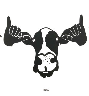 Black and white illustration of a cow with the American hand sign for cow incorporated into it.