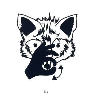 Black and white illustration of a fox with the American hand sign for fox incorporated into it.