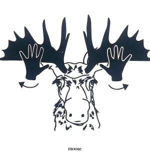 Black and white illustration of a moose with the American hand sign for moose incorporated into it.