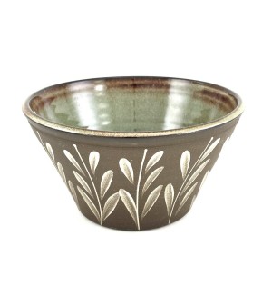 Handthrown ceramic brown stoneware ramen bowl with handpainted wheat design.