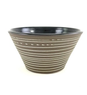 Handthrown ceramic dark brown stoneware ramen bowl with handpainted stripe design and a glossy black glazed interior..
