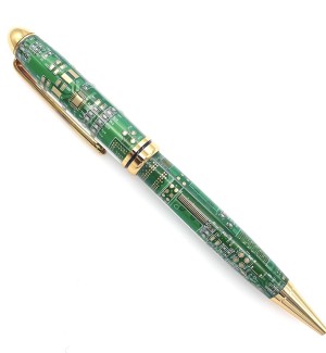 a ballpoint pen with a green case and gold details.