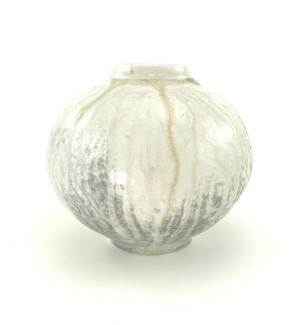 Orb-shaped ceramic vessel with narrow opening and mottled glaze that shifts from greyish white to burnt orange. Subtle wave pattern emerges randomly over the surface. 
