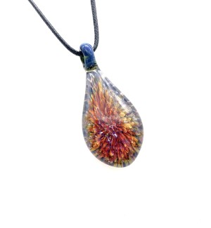Glass Pendant with multicolored floral pattern inside on a black cord.