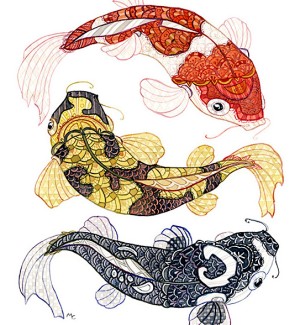 A print with an illustration of three koi fish, the top fish is orange and white, the center is yellow and black, the bottom is black and white.