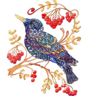 A print with an illustration of a blue starling surrounded by small red berries.