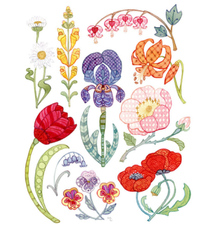 An illustration of several different varieties of flowers in bright colors.