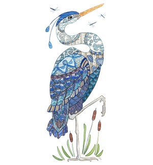 An illustration of a blue and white Heron in a pond with small cattails sticking up.