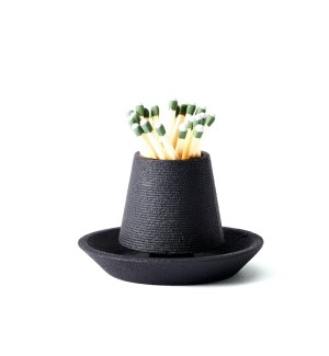 Black cast iron wooden match striker and holder in the shape of a top hat.