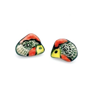 ceramic hand painted earrings that look like chicken heads.