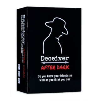 black box Card Game with white and red fonts and line drawing of the silhouette of a man in a hat.