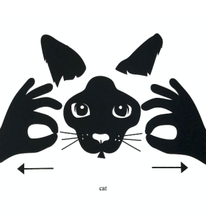 Black and white illustration of a cat with the American hand sign for cat incorporated into it.