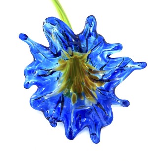 Glass flower that has a multi-colored throat and a full bright blue colored petaled bloom with a long green stem.