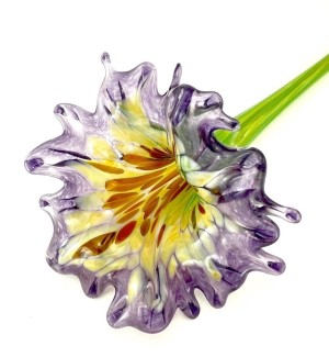 Glass flower that has a multi-colored throat and a full medium purple colored petaled bloom with a long green stem.