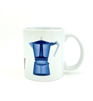 White ceramic mug with x-ray image of a two-tiered vintage coffee perculator in a blue tone.