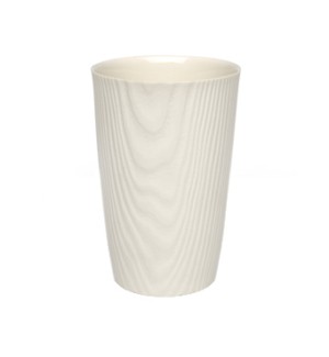 White porcelain cup with a textural wood grain surface.