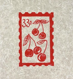 Print of an illustration of a postage stamp with cherries and '33 cents' on textured paper.