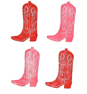 A print of a graphic illustration of four cowboy boots printed in red ink in a grid.