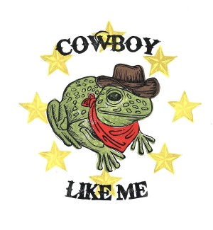 An original linocut print of an illustration of a frog wearing a cowboy hat with the word 'Cowboy' at the top and 'Like Me' at the bottom.