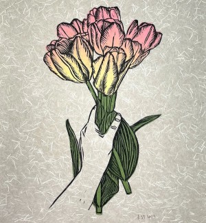 A linocut print illustration of a hand holding a bunch of cut tulips in pink and yellow on a textured paper.