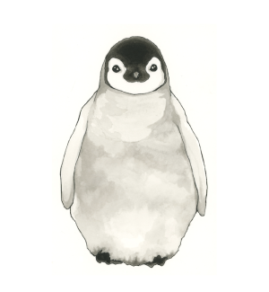 A print with a black and white illustration of a baby penguin.