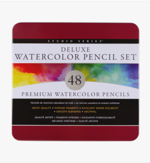 Metal hinged tin with 'Deluxe Watercolor Pencil Set of 48 printed on cover.