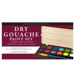 box with picture of Dry Gouche Paint cakes in black and white palette with two brushes.