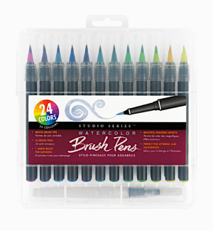 Watercolor Brush Pens with water brush in plastic case.