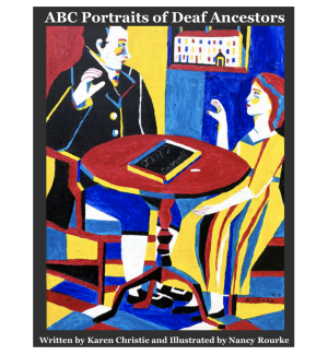 A book cover with a painting of a man and a woman sitting at a table in primary colors.
