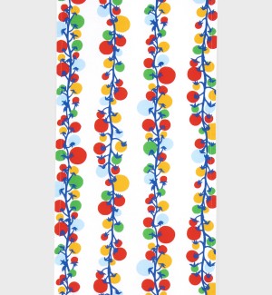 A table runner with a white background and rows of vines with colorful tomatoes in green, red, yellow, and blue.