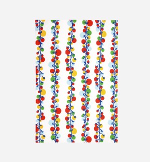 Tea towel with a white background and rows of vines with colorful tomatoes in green, red, yellow, and blue.