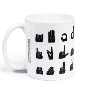 Coffee mug with graphic representations of American Sign Language letter signs.