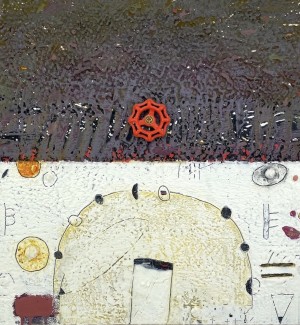 an abstarct painting with two field of color - the top a textured grey and the lower a textured white with scribbles and shapes drawin into the surface with a bright red faucet handle in the center.