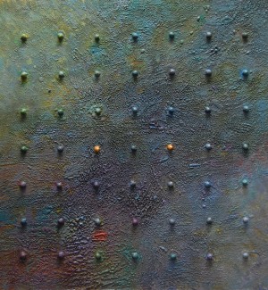an abstract painting with a dark textured background in mottled grey, green and purple with tiny dimensional raised dots arranged in a grid on the surface.