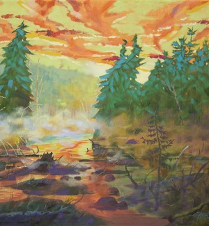 a colorful painting of a rocky stream with tall fir trees at the waters edge and a brightt red and orange sky.