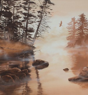 a realistic painting depicting a heron in flight over still water surrounded by a rocky shore line and pine trees.