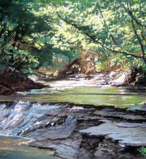 a pastell painting on textured paper depicting a running stream over a rocky drop with dense woods all around.