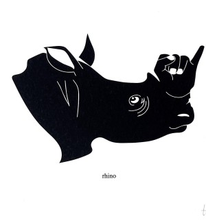 Black and white illustration of a rhino with the American hand sign for rhino incorporated into it.