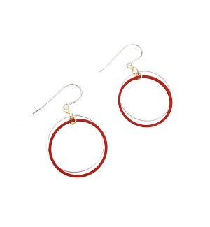 a pair of dangle earrings with earhooks and a silver round hoopand red round hoop. 