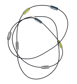 a long wire necklace strung with black seed beads an occasional metal surround that capture a set of six faceted glass beads of subtle green, blue, and grey beads. 
