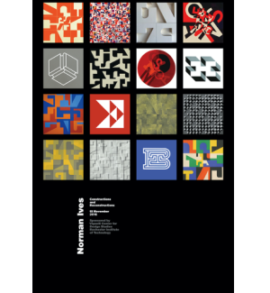 Norman Ives Poster featuring a grid of squares containing various geometric designs and photographs on a black background with small white text at the bottom.