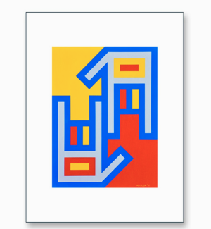 Poster of two Geometric American Sign Language hand signs for 'I Love You' in red, blue, and yellow. 
