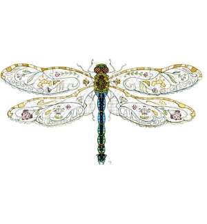 An illustration of a dragonfly with floral details in the wings.