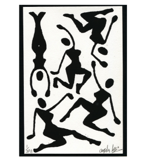 Black and white print with dramatic figures of women dancing in various poses.