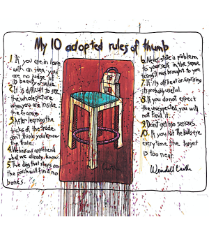 Art Poster with title 'My 10 Adopted Rules of Thumb' and subsequent rules as well as an illustration of a chair with a green seat in front of a red background with drips throughout signed by Wendell Castle.