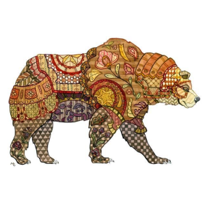 An illustration of a brown bear with floral details as fur.