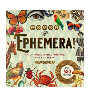 cover of a paperbound book with word 'Ephermera' richly decorated with vintage images of a buttefly, birds, crab, and scrolls.